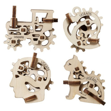 Obrázek Ugears 3D dřevěné mechanické puzzle 4 mechanické přívěšky Charakterové symboly
